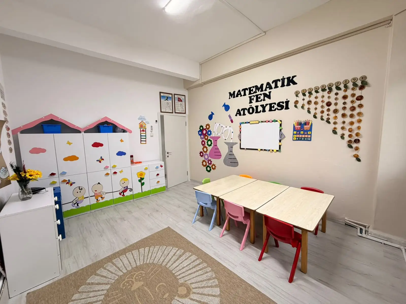 Matematik Fen Atölyesi yazılı duvarı ve çalışma masalarıyla atölye sınıfı