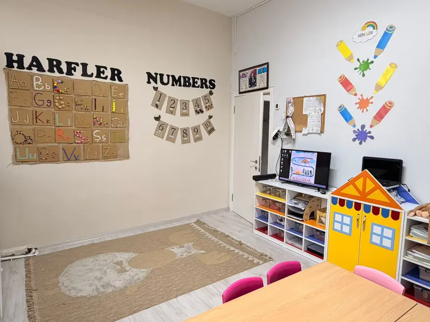 Duvarında HARFLER ve NUMBERS panoları bulunan sınıf