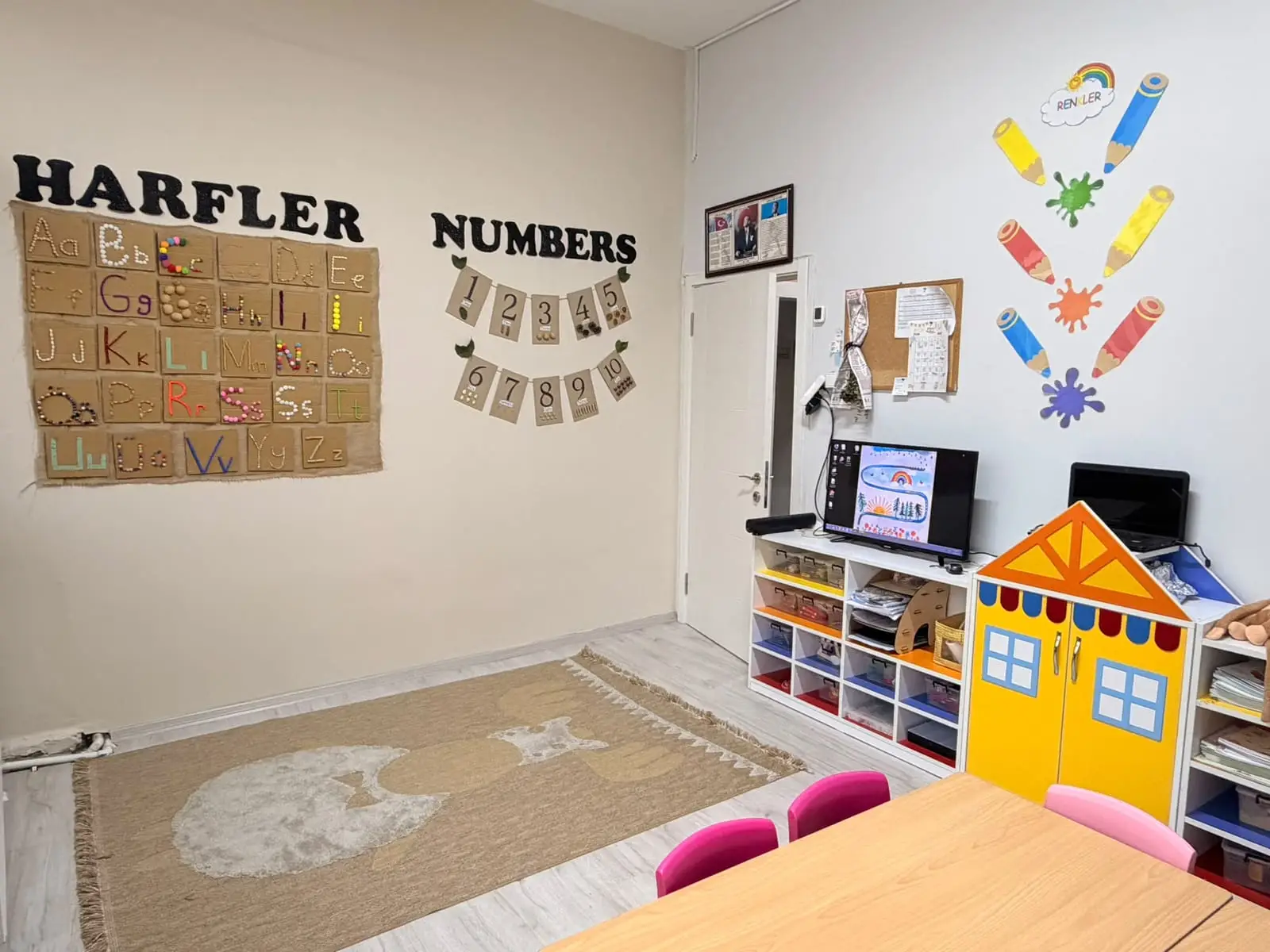 Duvarında HARFLER ve NUMBERS panoları bulunan sınıf